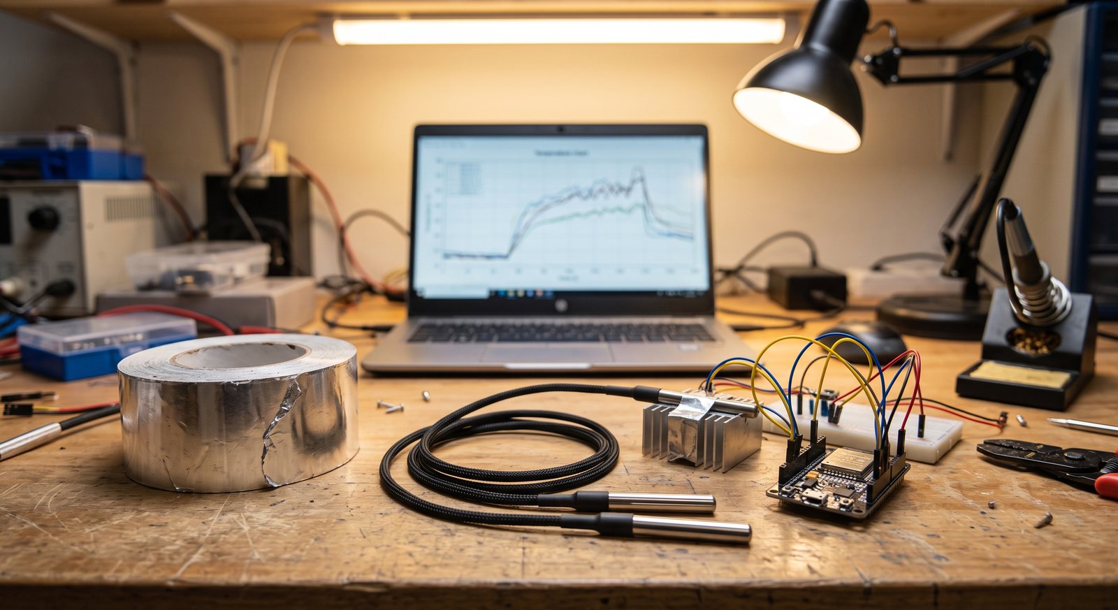 Measurement bench: waterproof temperature probes, aluminum HVAC tape, microcontroller logger and a live temperature chart