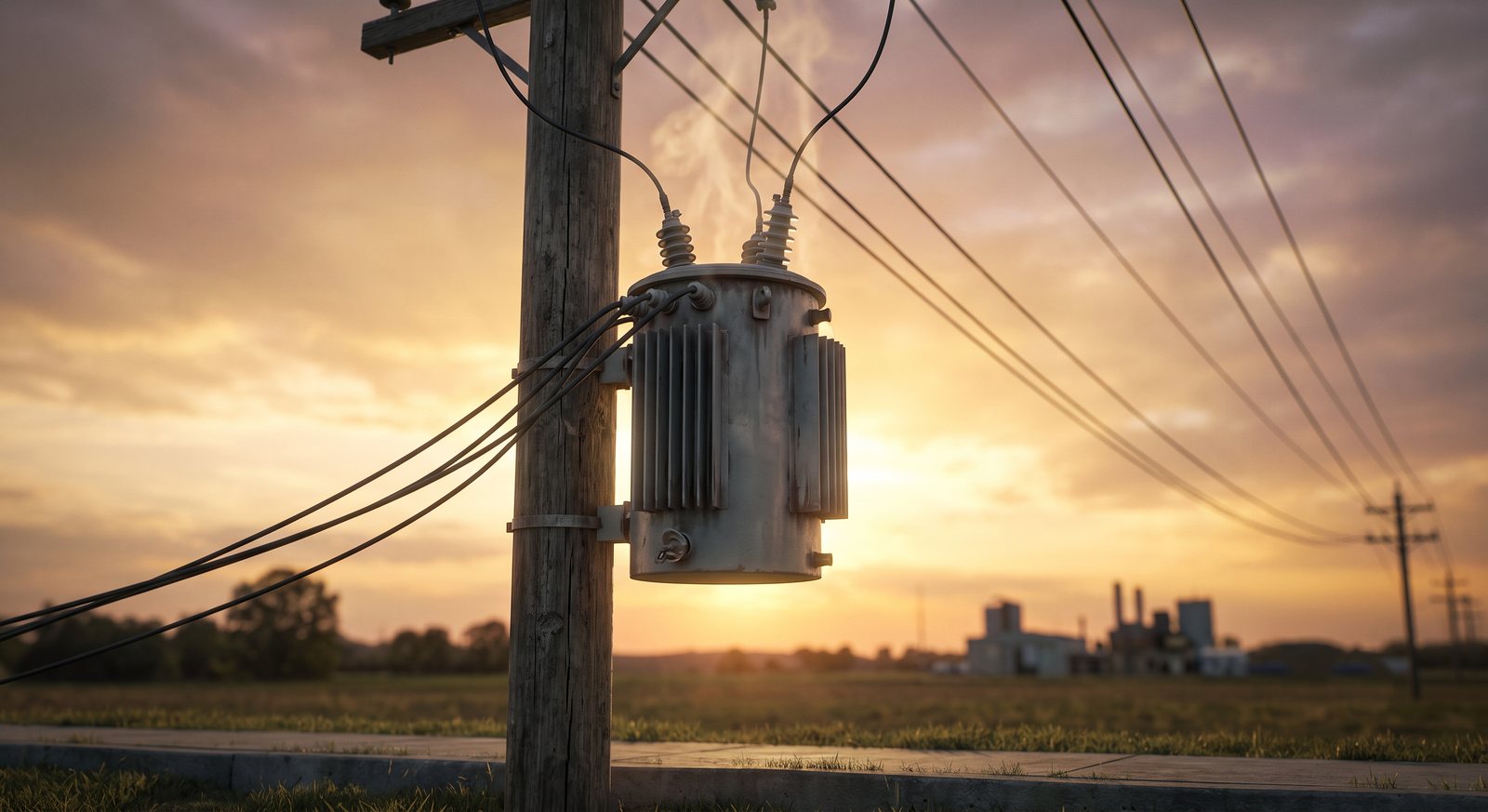 Pole-mounted distribution transformer radiating heat at golden hour