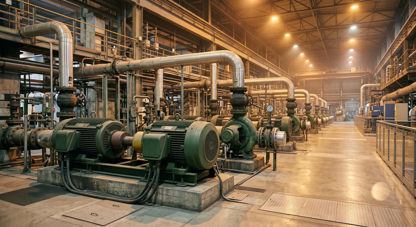 Row of industrial motors and pumps inside a plant, the environment where predictive-maintenance sensors live