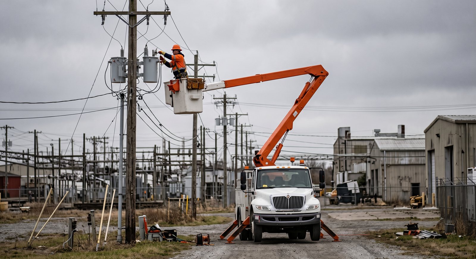 Utility bucket truck crew servicing a pole-mounted distribution transformer at height
