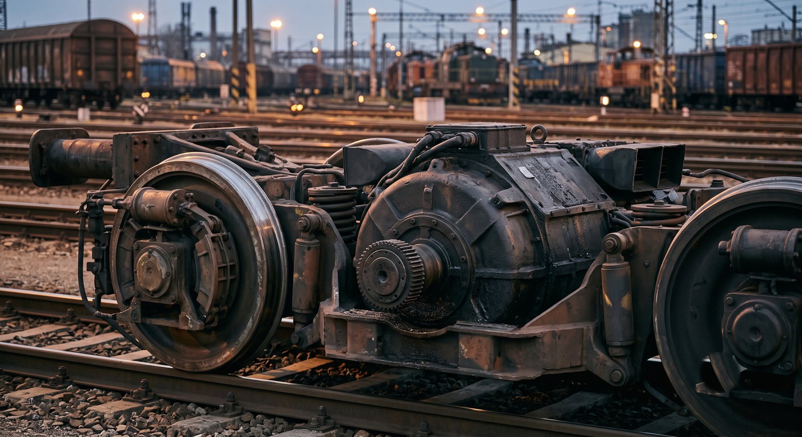 Railway bogie with traction motor in a rail yard at dusk
